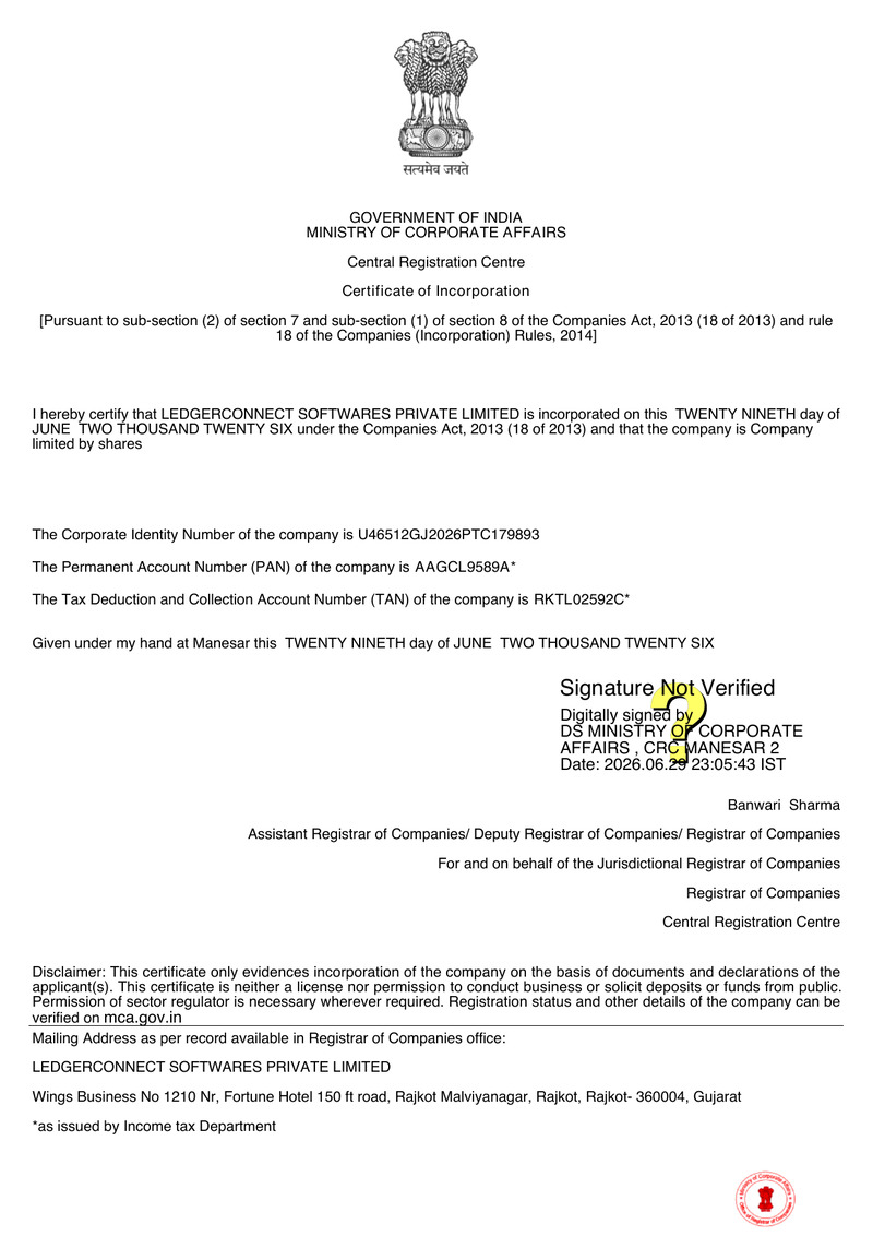 Certificate of Incorporation — LEDGERCONNECT SOFTWARES PRIVATE LIMITED