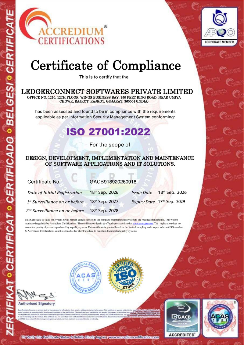 ISO 27001:2022 Certificate — LedgerConnect Softwares Private Limited