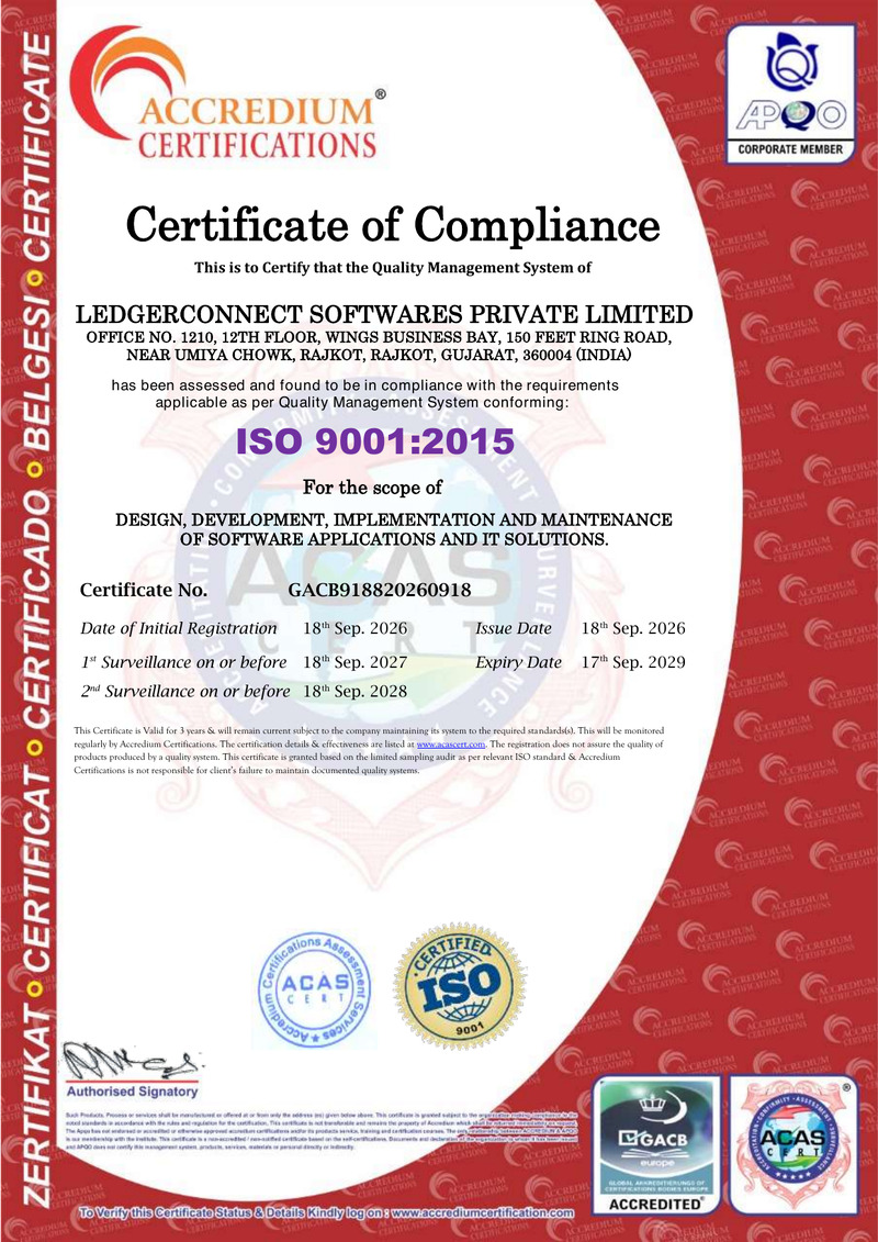 ISO 9001:2015 Certificate — LedgerConnect Softwares Private Limited